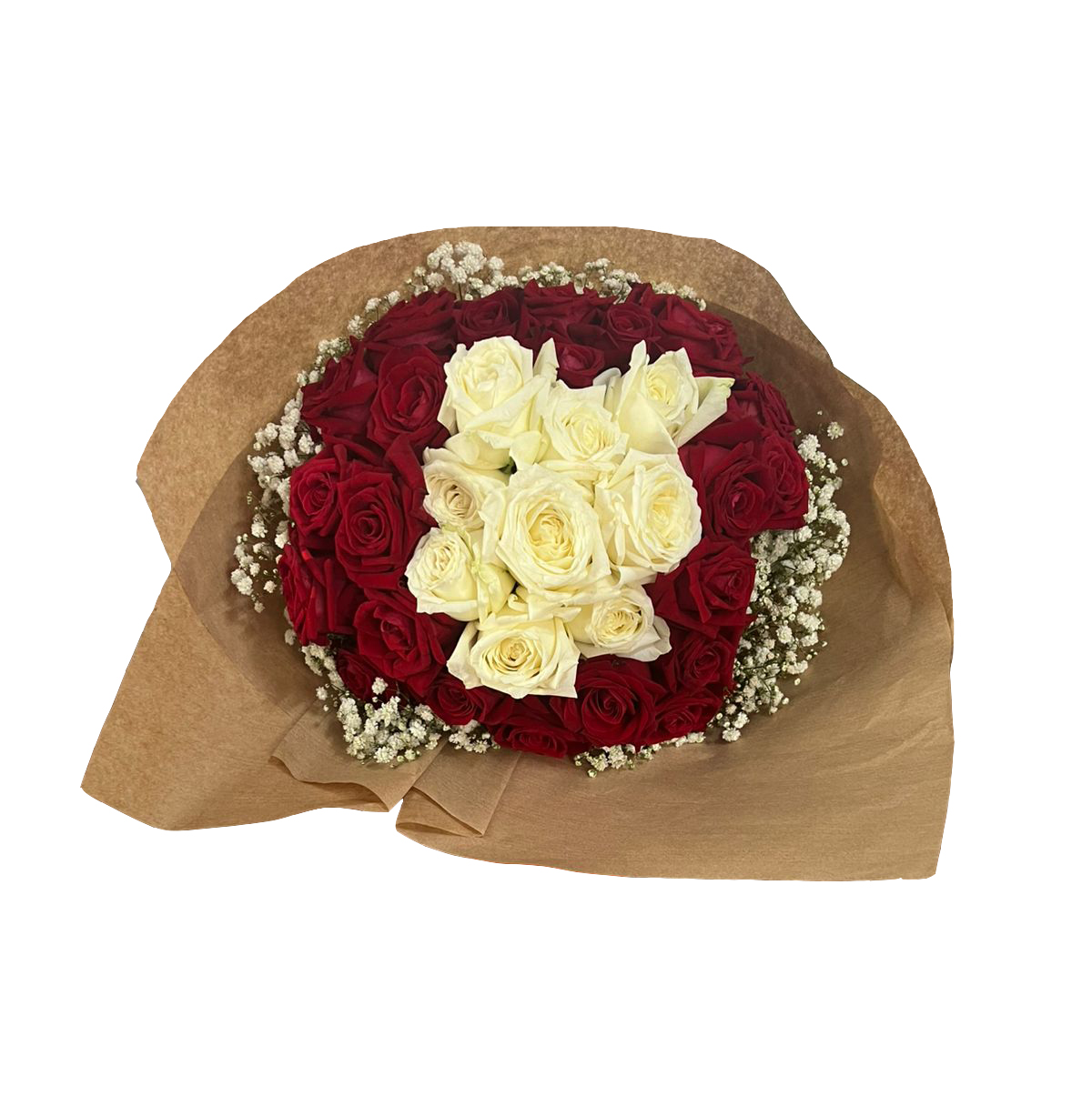 Buquê Especial 33 Botões de Rosas Brancas e Vermelha com Gypsofila