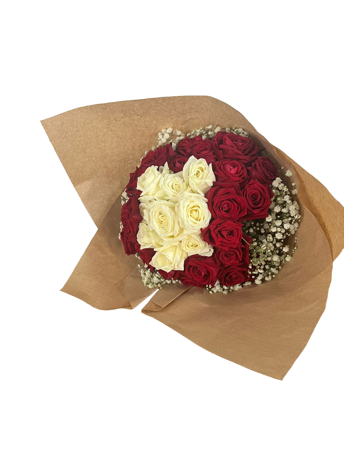 Buquê Especial 33 Botões de Rosas Brancas e Vermelha com Gypsofila - Imagem 2